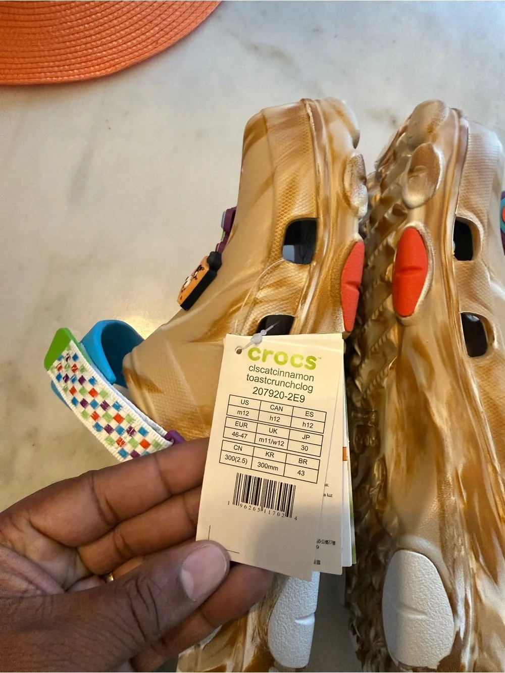 CROCS Beige Marbled Clog with Bright Blue Strap and Multicolor Charms